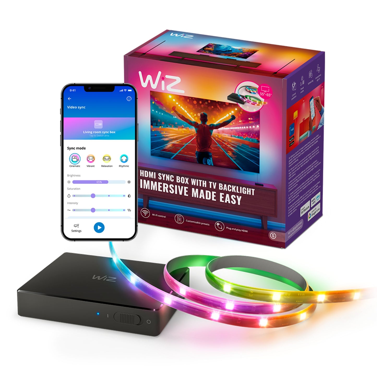 WiZ Sync box startpakke 55"-65" smart TV-belysning med RGBIC LED-lysstribe og synkroniseringsapp, farverig emballage.
