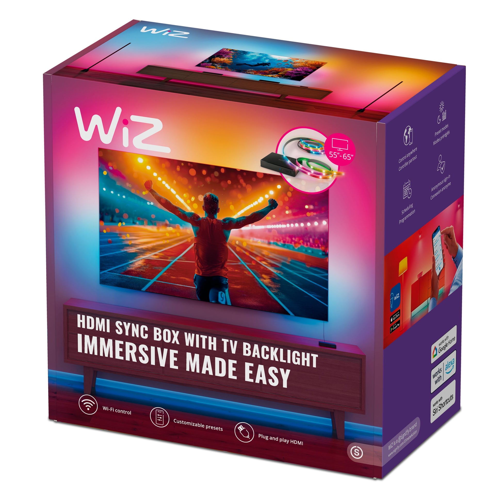 WiZ Sync Box startpakke til 55"-65" TV, RGBIC HDMI-lys, Wi-Fi-styring, farverig belysning, kompatibel emballage.