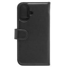 IPhone 16 MagSafe mobilpung sort læder folio-wallet-cover med magnetisk lukning, bagside og kameraudskæring vises.