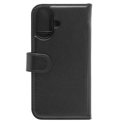 IPhone 16 MagSafe mobilpung sort læder folio-wallet-cover med magnetisk lukning, bagside og kameraudskæring vises.
