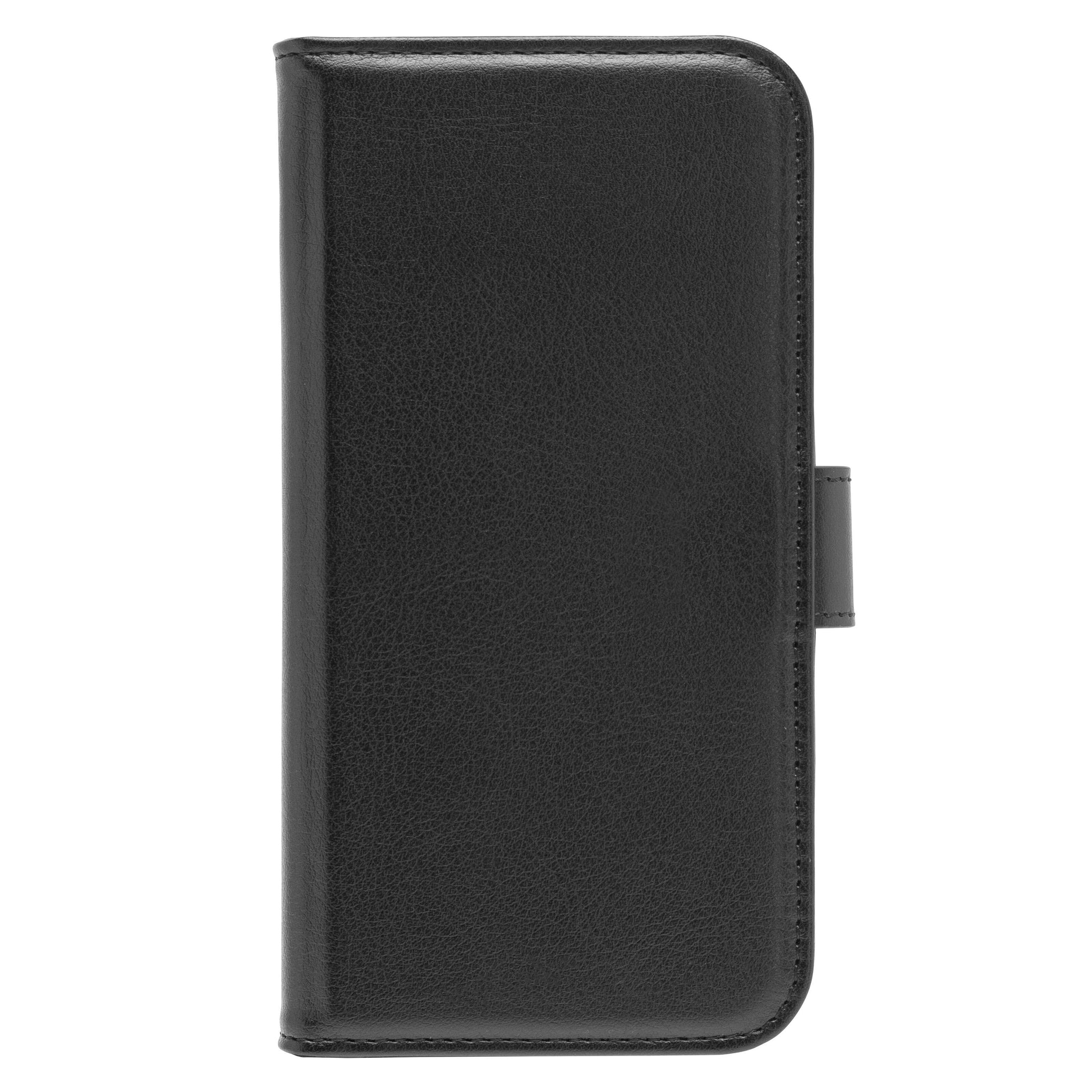 IPhone 16 MagSafe sort lædercover med frontklap og magnetlukning, vist lukket.