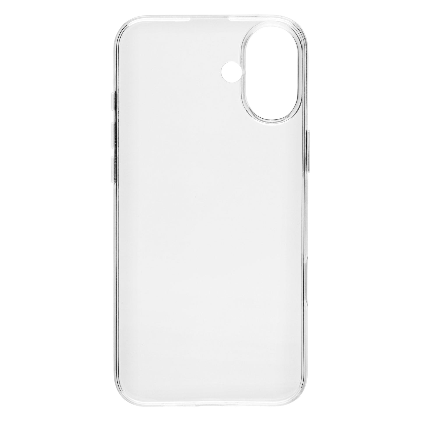 Gennemsigtigt, slankt cover til iPhone 16 Plus med afrundede kanter, stor kameraudskæring og antibakteriel overflade.