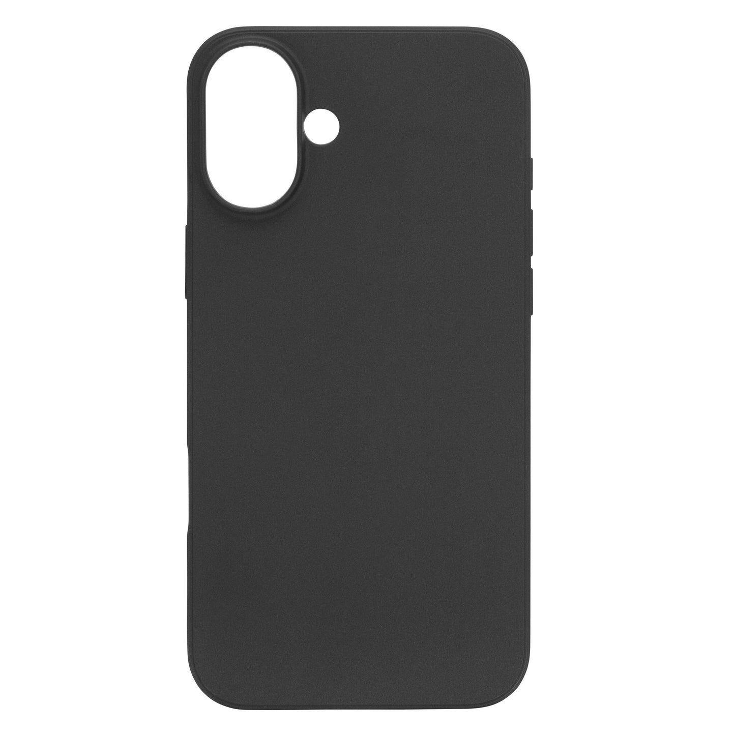 Linocell Second Skin cover til iPhone 16 Plus sort med stor kamerahul, lille flashudskæring og antibakteriel overflade.