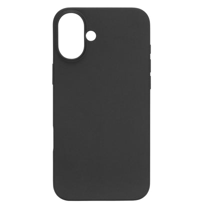 Linocell Second Skin cover til iPhone 16 Plus sort med stor kamerahul, lille flashudskæring og antibakteriel overflade.