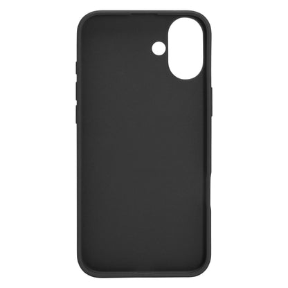 Second Skin cover sort til iPhone 16 Plus med antibakteriel overflade, to kamerahuller og forhøjede skærmkanter.