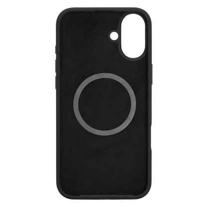 Linocell iPhone 16 Plus sort gummietui, gråt cirkulært motiv, åbning til kamera/blitz, mat finish, MagSafe kompatibel.