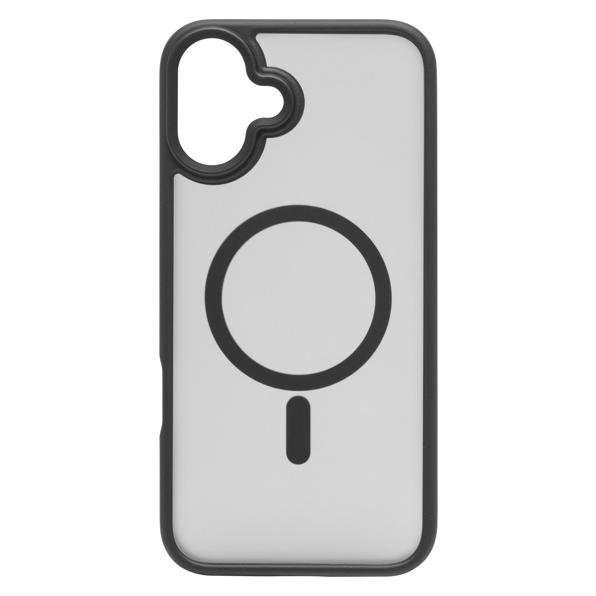 Linocell Hard Case til iPhone 16 Plus sort hvidt design med forstørrelsesglas-symbol, kamerahul øverst til venstre, MagSafe-kompatibel.