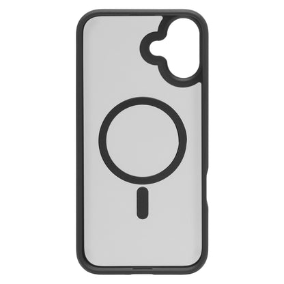 Linocell Hard Case mobilcover iPhone 16 Plus sort, gennemsigtig med sorte kanter, MagSafe ring, kamerahul øverst til højre.