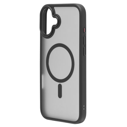 Hard Case cover til iPhone 16 Plus, gennemsigtigt med sorte kanter, MagSafe-symbol og kamerahul øverst til venstre.