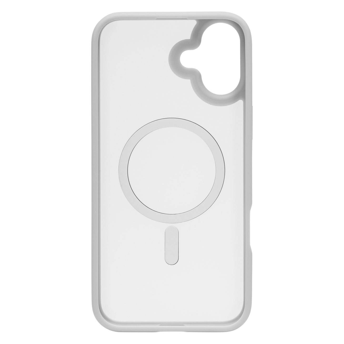 Hard Case mobilcover til iPhone 16 Plus hvid, cirkulært MagSafe-design, ujævn kameracutout øverst til højre, afrundede kanter.
