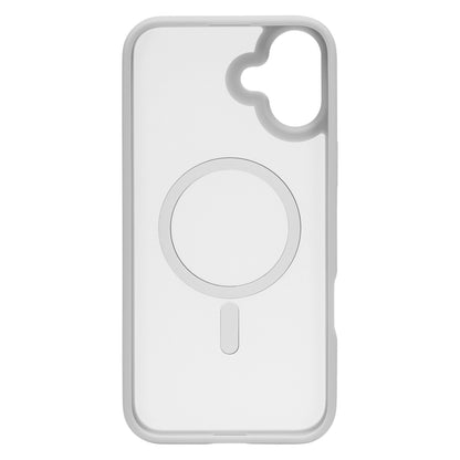 Hard Case mobilcover til iPhone 16 Plus hvid, cirkulært MagSafe-design, ujævn kameracutout øverst til højre, afrundede kanter.
