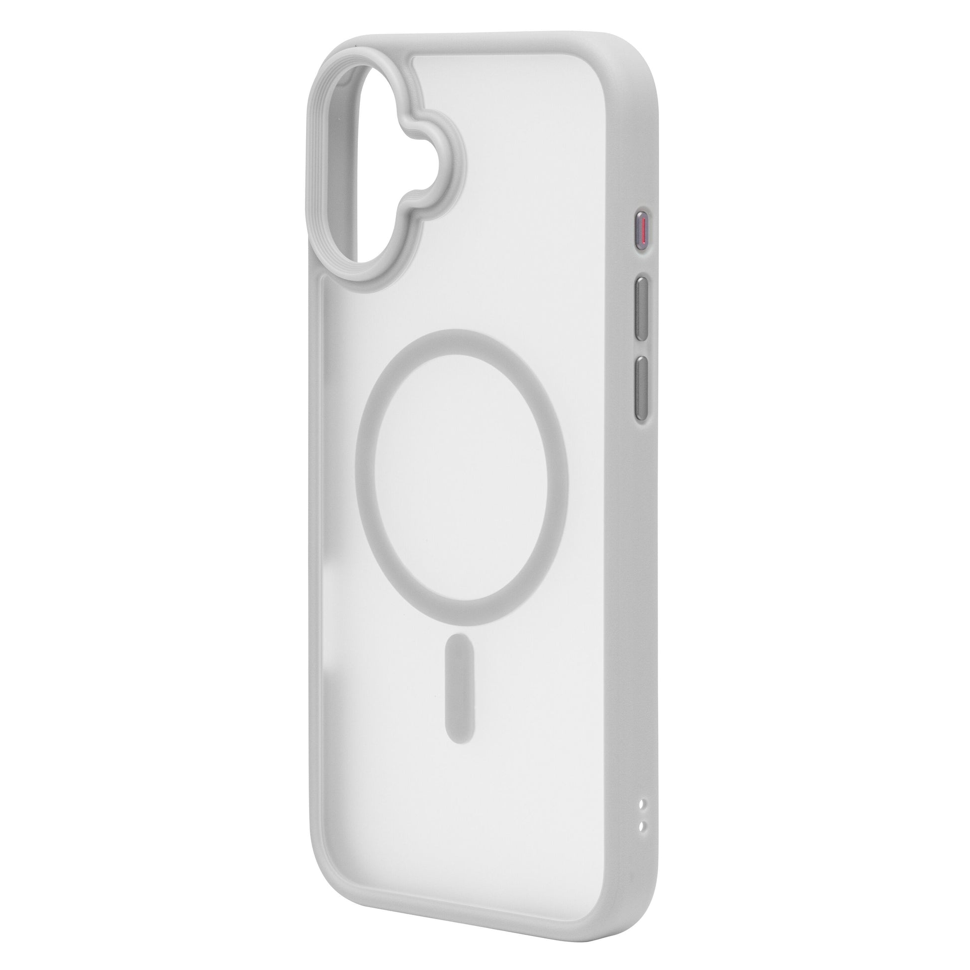 Linocell hard case til iPhone 16 Plus hvid, gennemsigtig, MagSafe-cirkel, hævet kamerabeskyttelse, vippet visning.