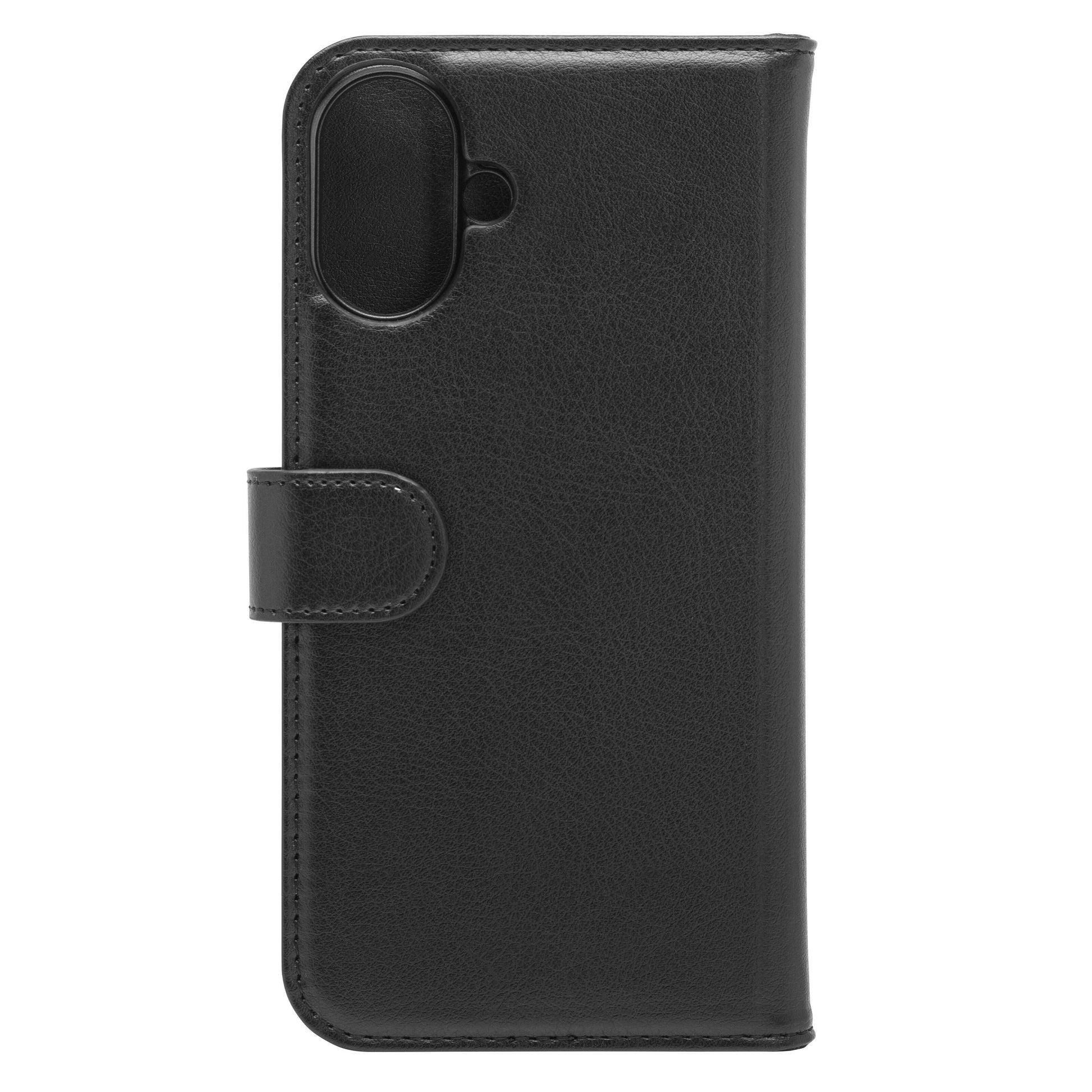 Linocell mobilpung til iPhone 16 Plus sort læder fold-over låg, snap-lukning, kameraudskæring, MagSafe kompatibel.