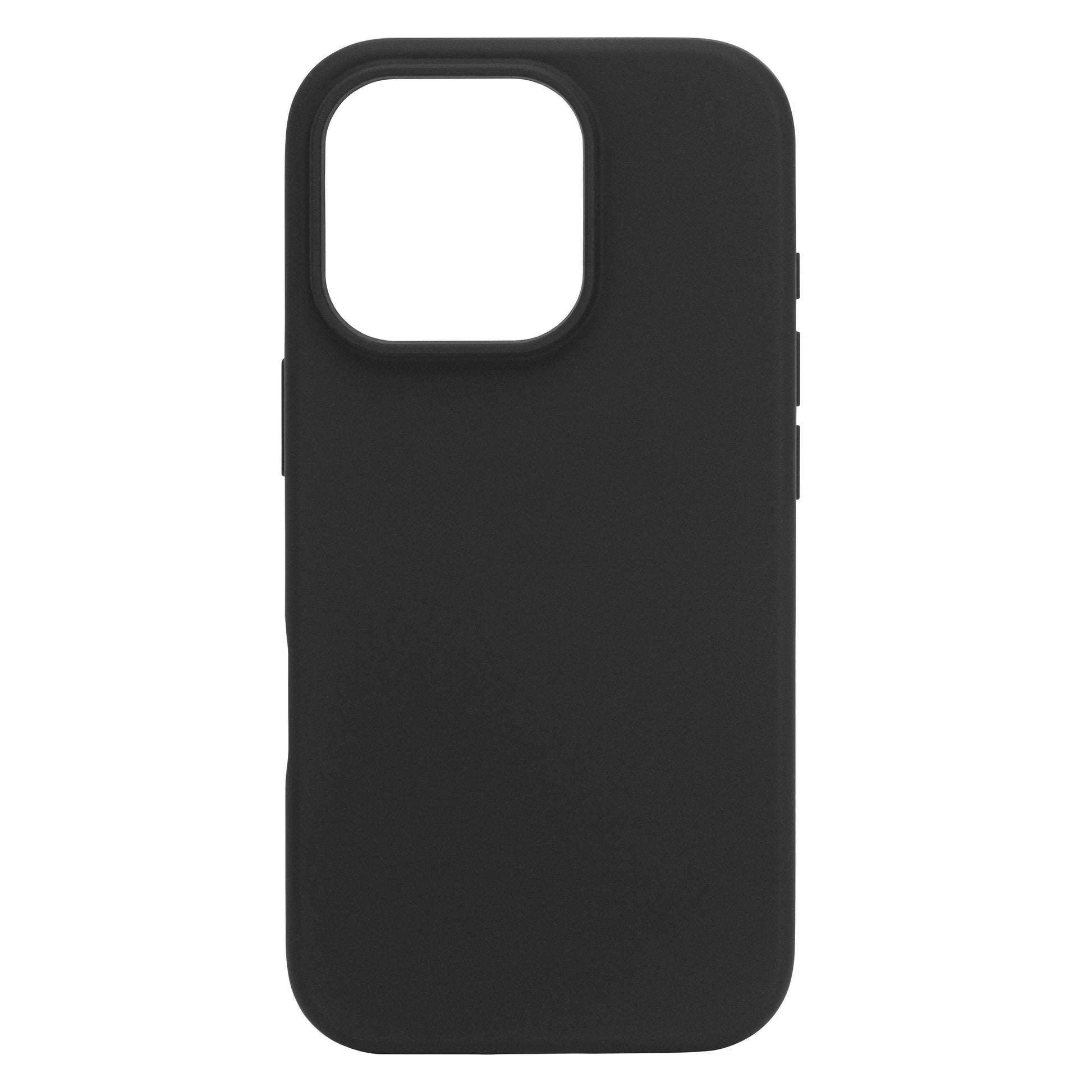 Sort gummicover til iPhone 16 Pro med stor kamerahul, antibakteriel overflade og MagSafe-kompatibelt design.