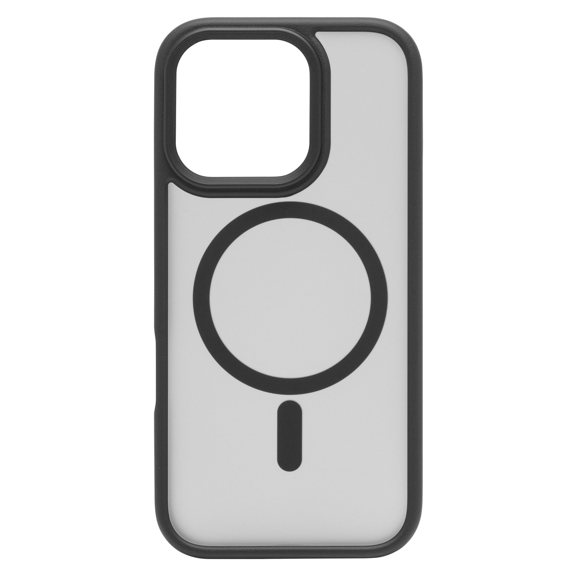 Hard Case mobilcover til iPhone 16 Pro, gennemsigtig med sort kant, sort cirkulært mønster og lodret linje, MagSafe-kompatibel.