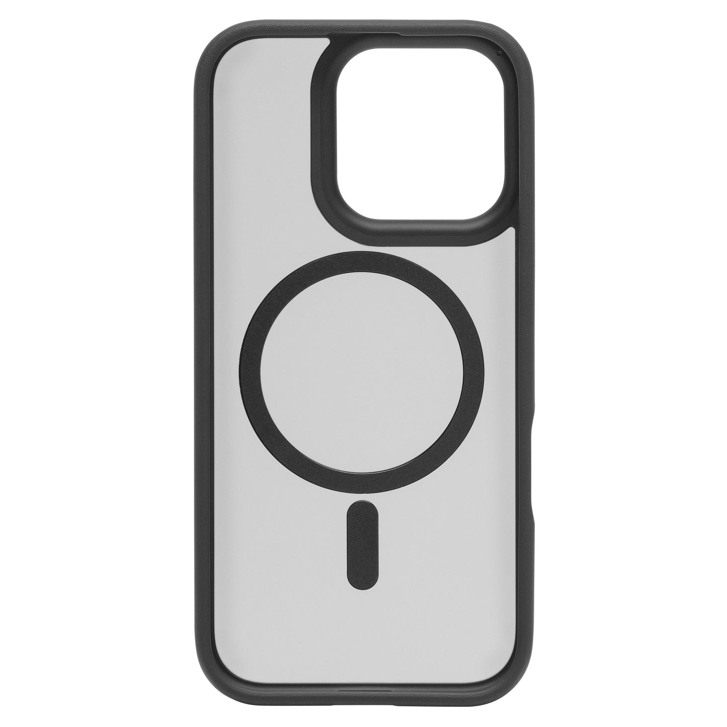 Linocell Hard Case mobilcover til iPhone 16 Pro, gennemsigtig med sort kant, MagSafe-symbol, støddæmpende, stort kamerahul.