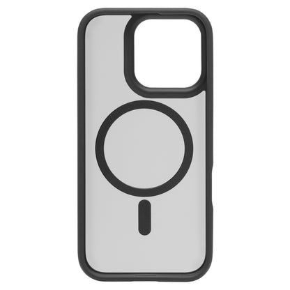 Linocell Hard Case mobilcover til iPhone 16 Pro, gennemsigtig med sort kant, MagSafe-symbol, støddæmpende, stort kamerahul.