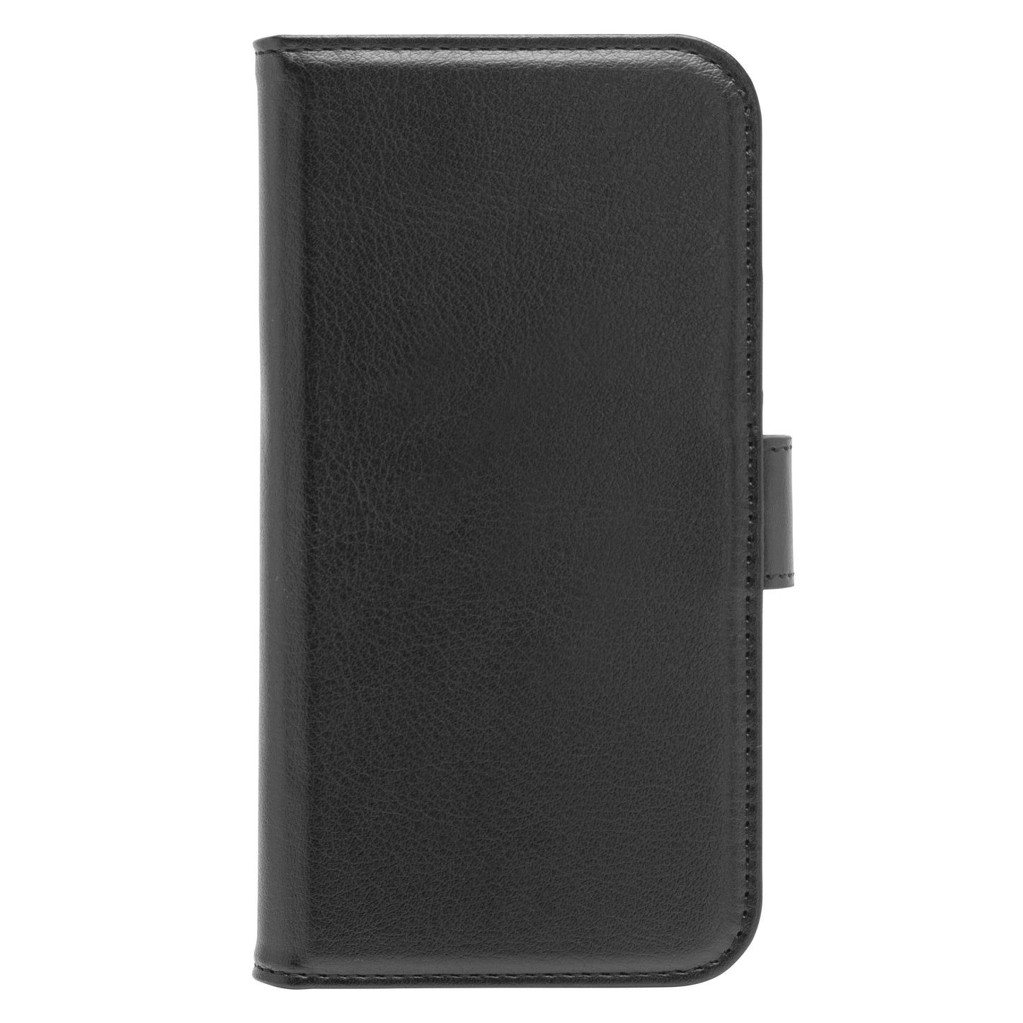 Sort læder mobilpung til iPhone 16 Pro MagSafe, synlig kantsting, magnetisk lukning i højre side.