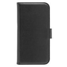 Sort læder mobilpung til iPhone 16 Pro MagSafe, synlig kantsting, magnetisk lukning i højre side.