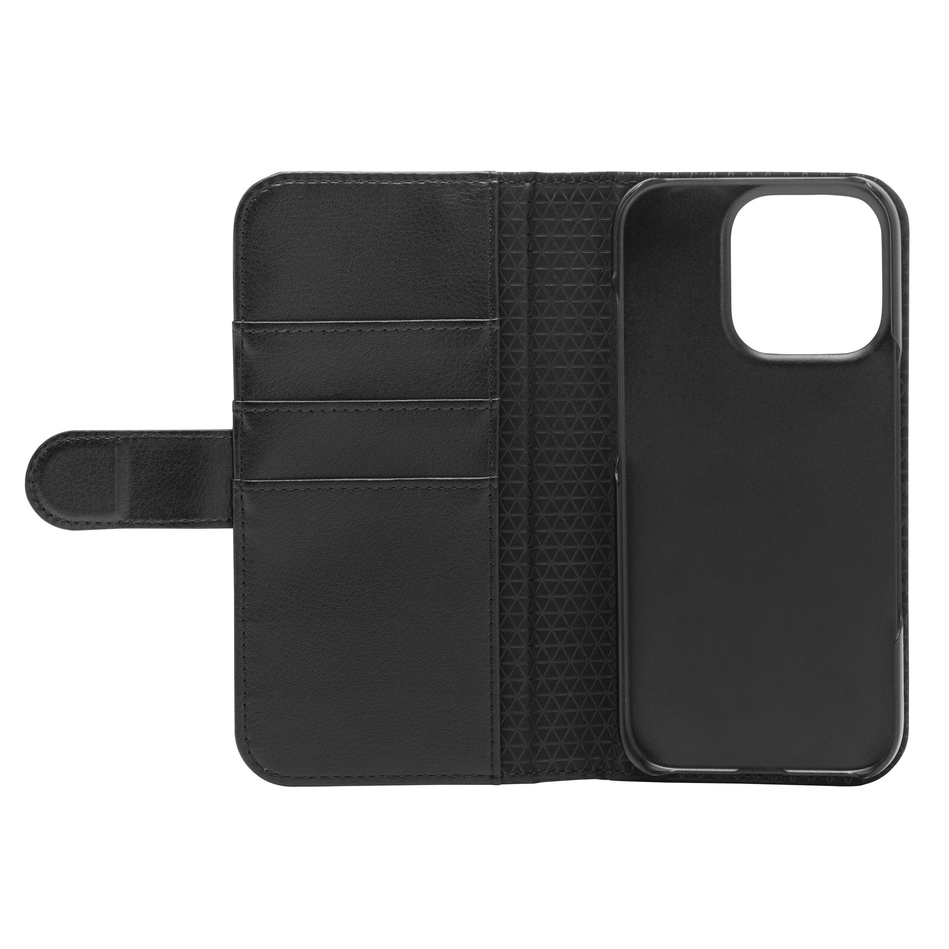 IPhone 16 Pro MagSafe mobilpung i sort læder med tre kortlommer, telefonholder og åbent design.
