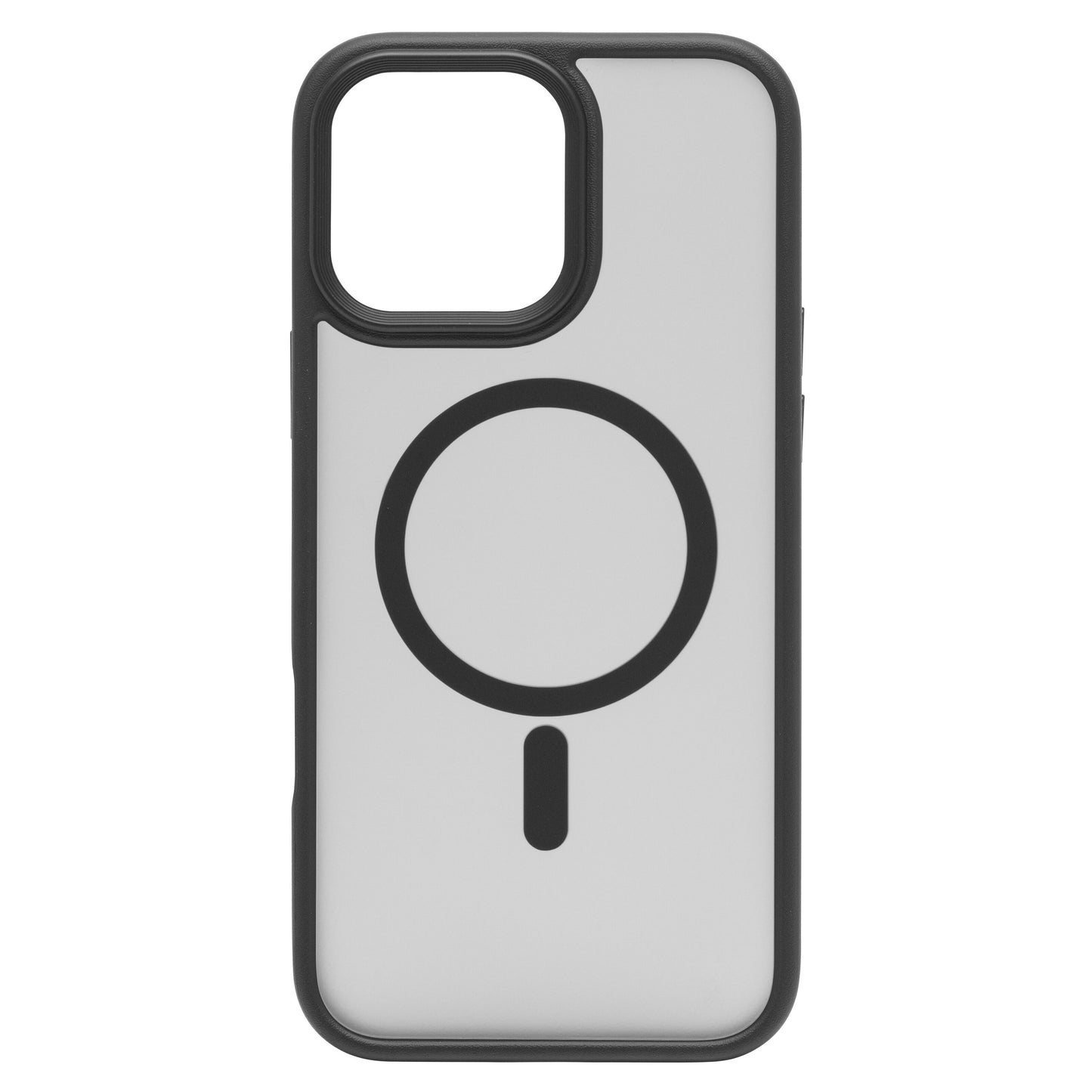 Linocell hard case mobilcover i gennemsigtig med sort ramme til iPhone 16 Pro Max, MagSafe kompatibel, kamerahul, logo.