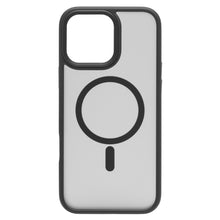 Linocell hard case mobilcover i gennemsigtig med sort ramme til iPhone 16 Pro Max, MagSafe kompatibel, kamerahul, logo.
