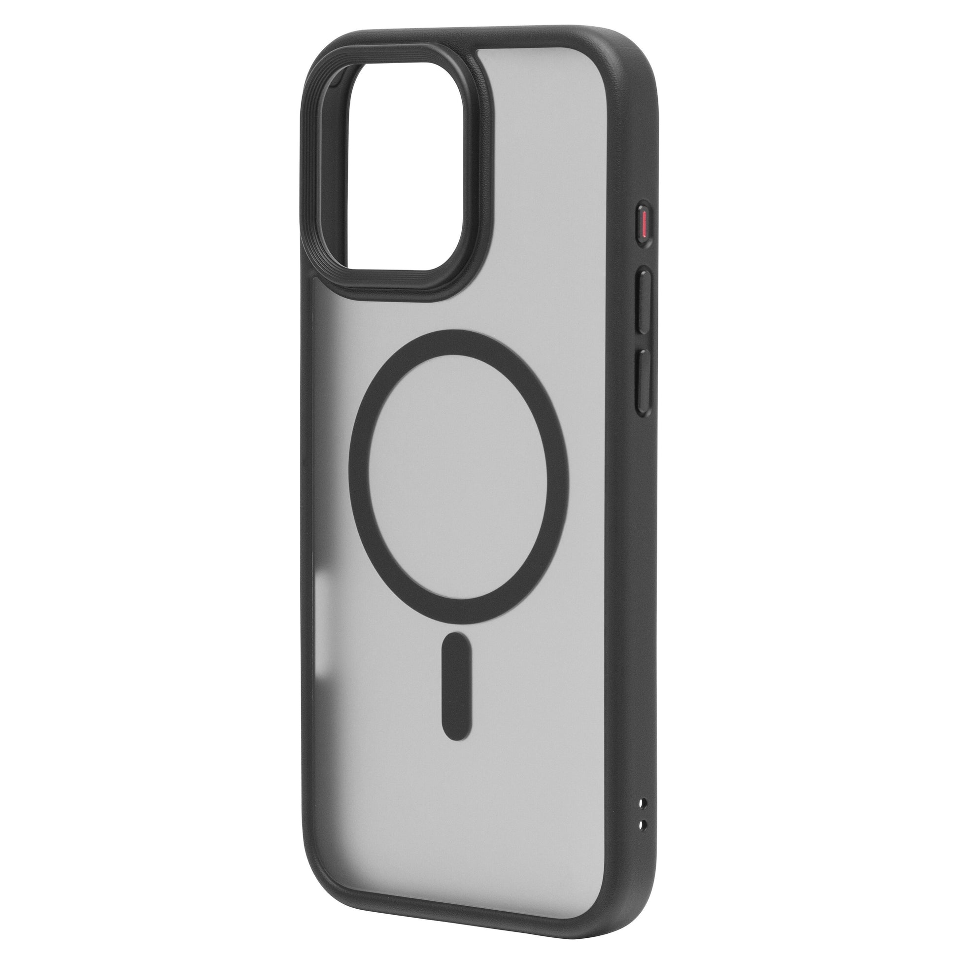 Hard Case cover til iPhone 16 Pro Max Sort med sorte kanter, gennemsigtig bagside og sort MagSafe-ring, udskæringer til knapper.