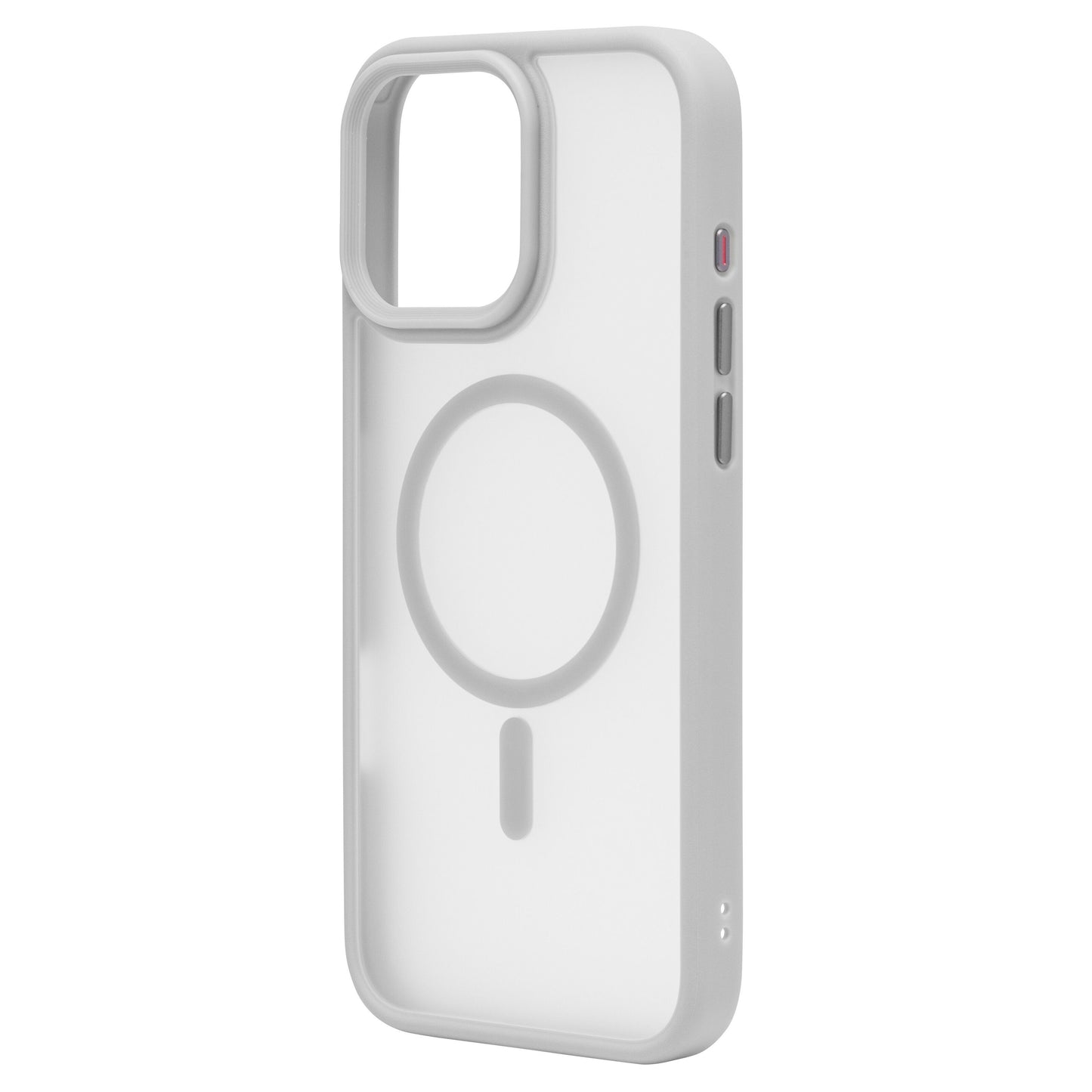 Hvid transparent Linocell hardcase mobilcover til iPhone 16 Pro Max med sideknapper, kameraudgang og MagSafe-kompatibilitet.