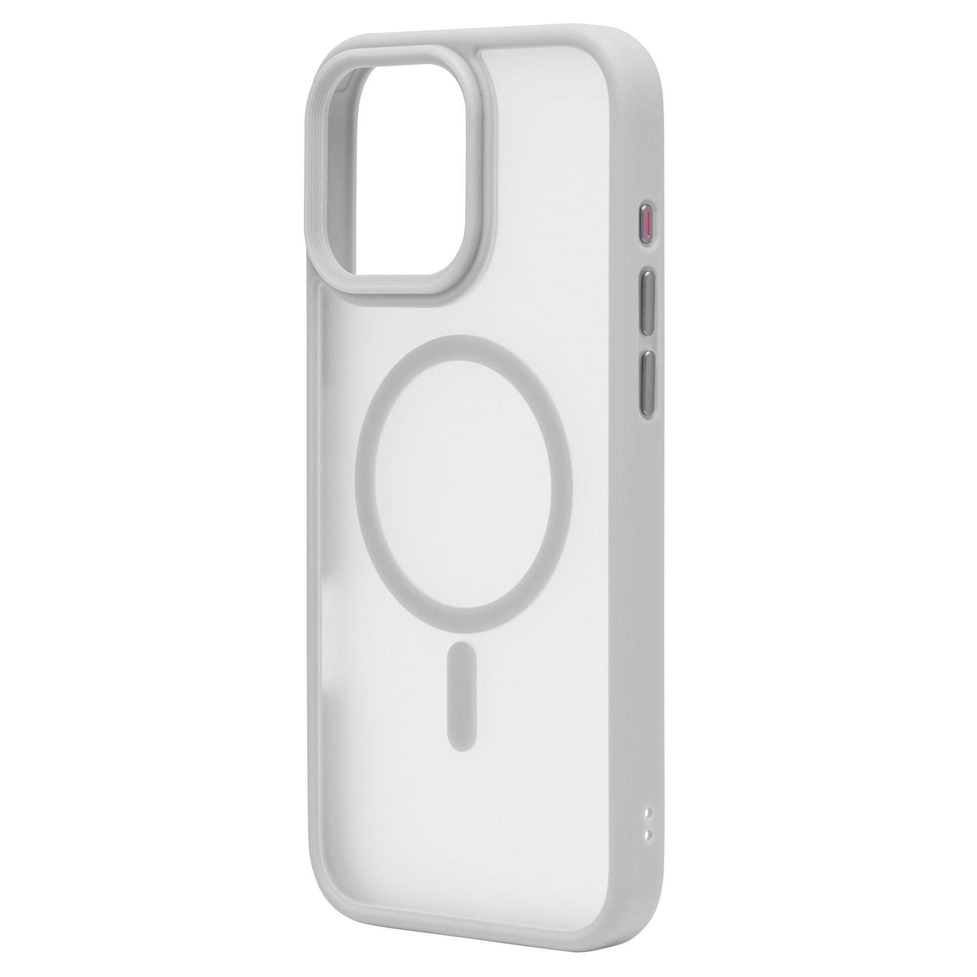 Hvid transparent Linocell hardcase mobilcover til iPhone 16 Pro Max med sideknapper, kameraudgang og MagSafe-kompatibilitet.