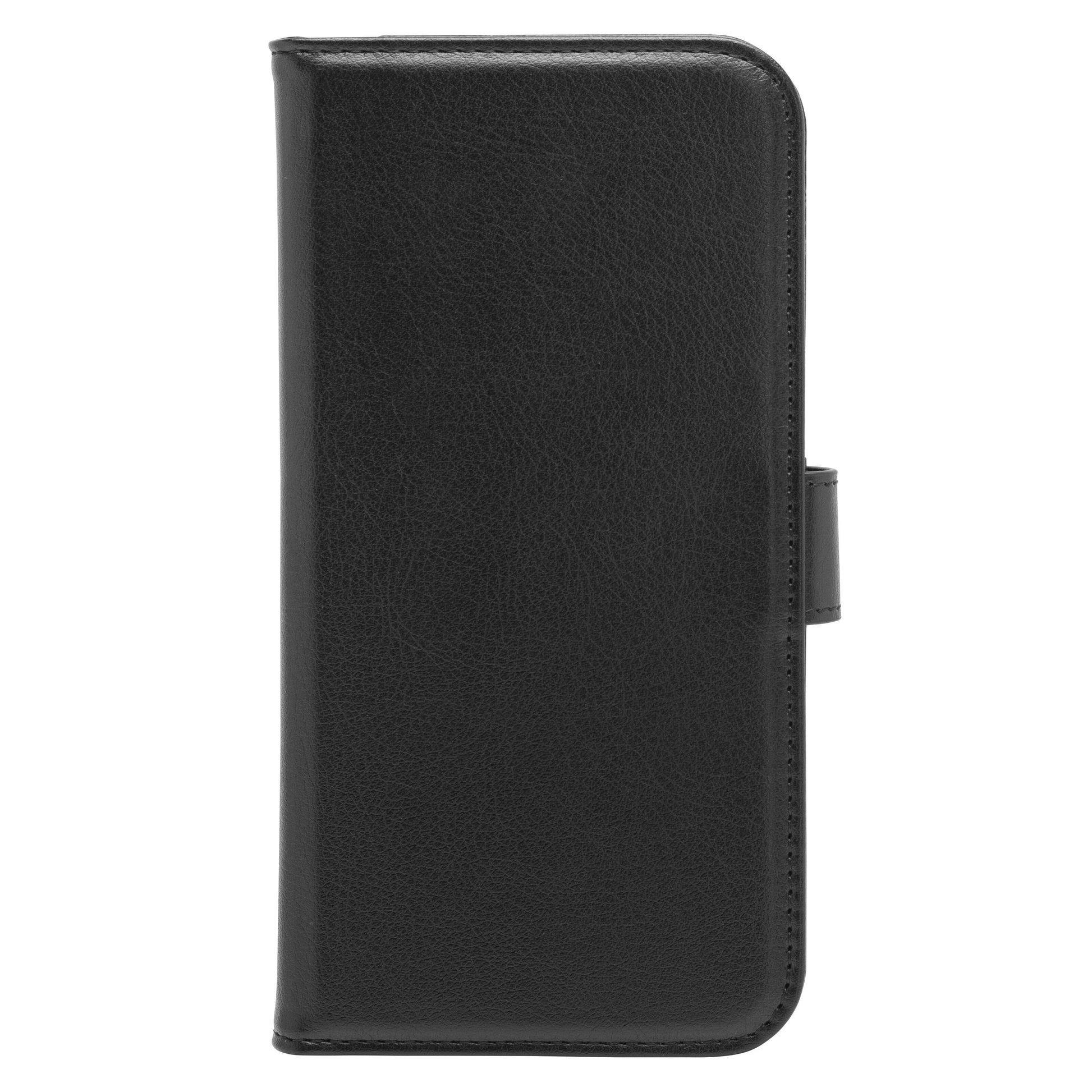 Sort lædercover til iPhone 16 Pro Max Magsafe med glat overflade, synlige stikkanter og magnetisk mobilpung-lukning højre side.