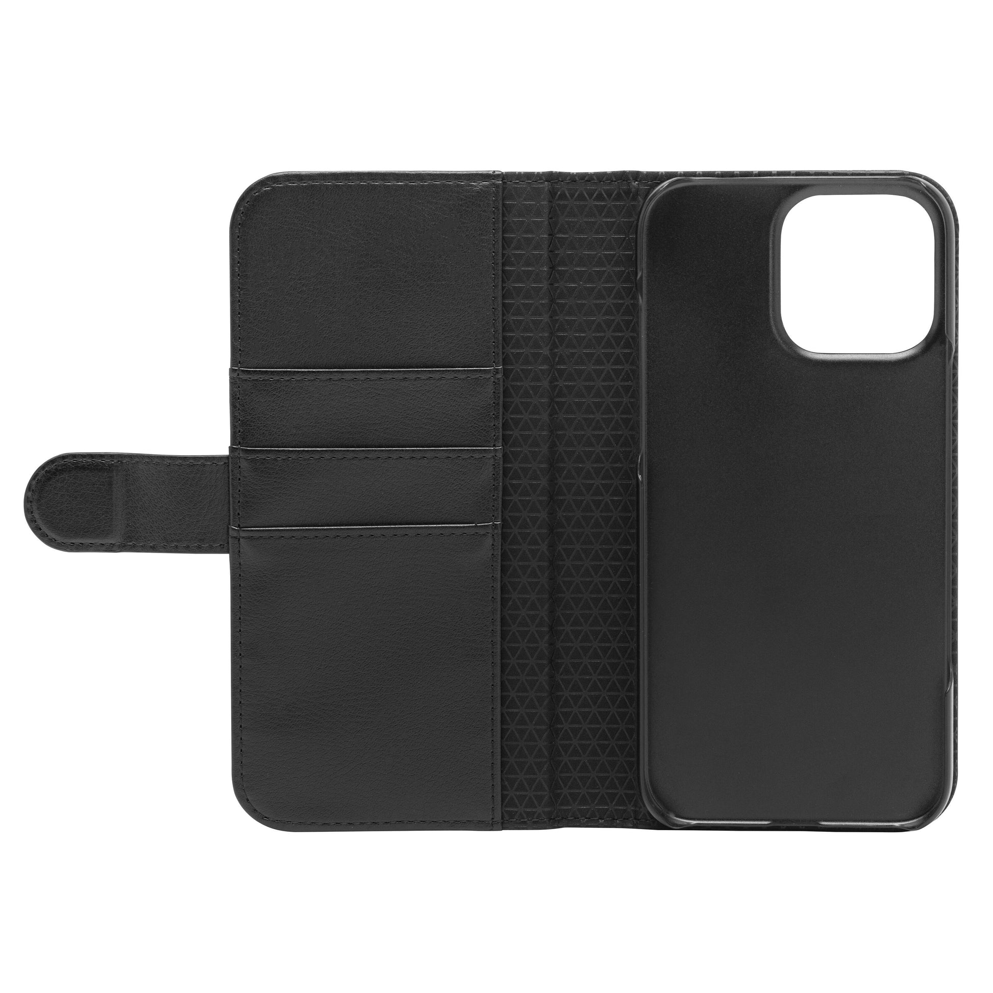Sort mobilpung til iPhone 16 Pro Max Magsafe med magnetlukning, tre kortlommer, tekstureret inderside og telefonrum.