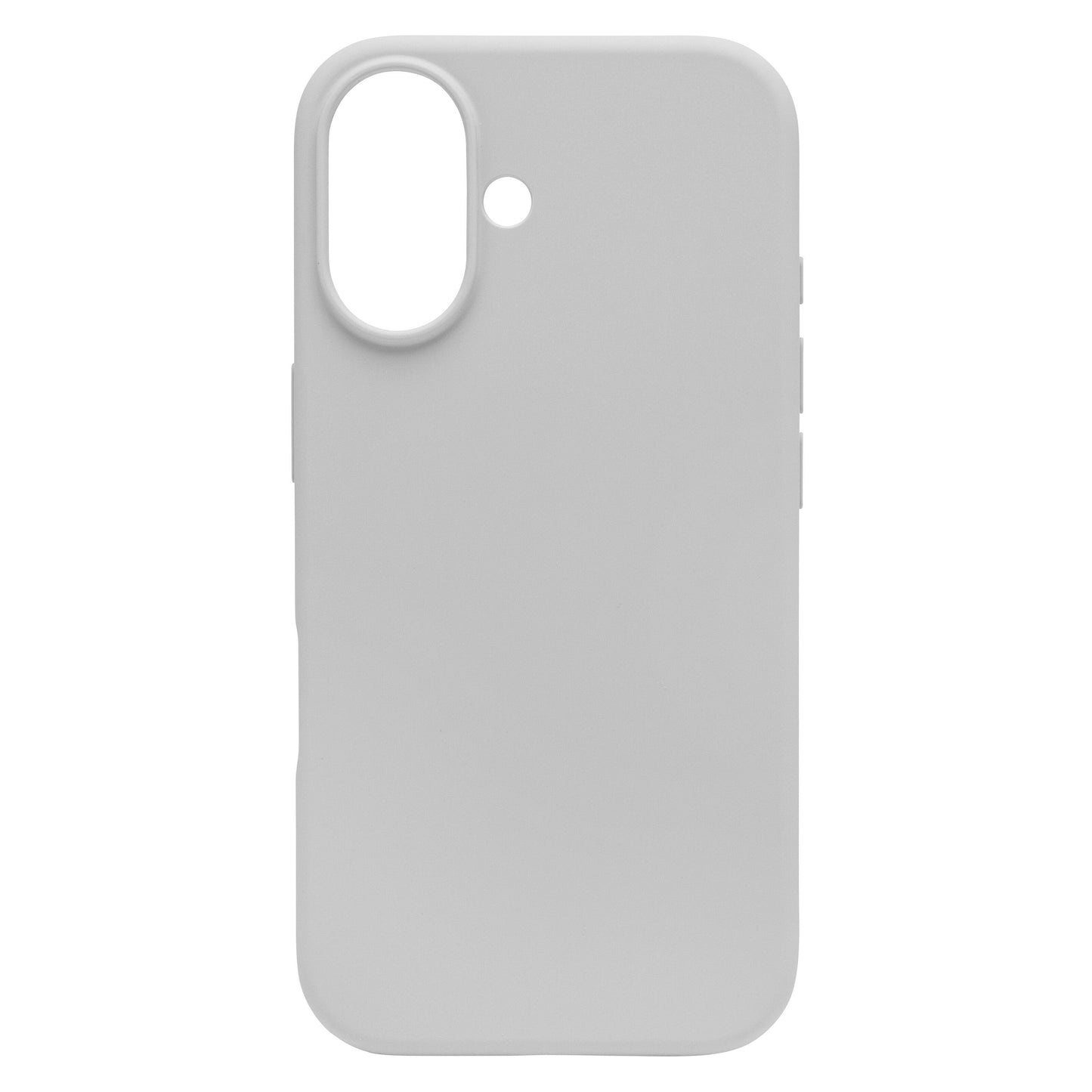 Linocell Rubber case iPhone 16 grå med udskæringer til dualkamera og flash, støddæmpende, vist oprejst.