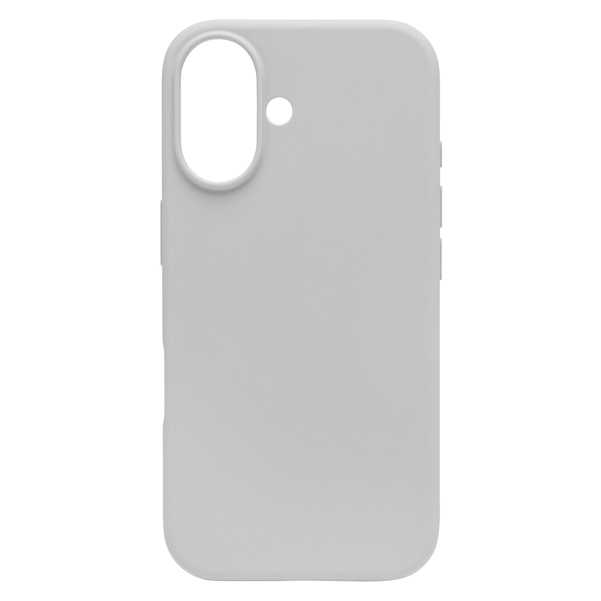 Linocell Rubber case iPhone 16 grå med udskæringer til dualkamera og flash, støddæmpende, vist oprejst.