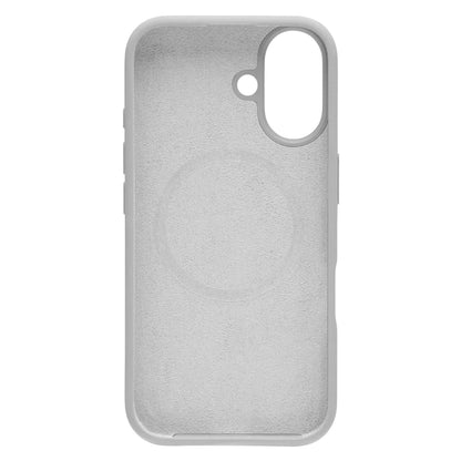 Gummietui til iPhone 16 grå, inderside med ruskindslignende foring og stor kameraudskæring øverst til højre.