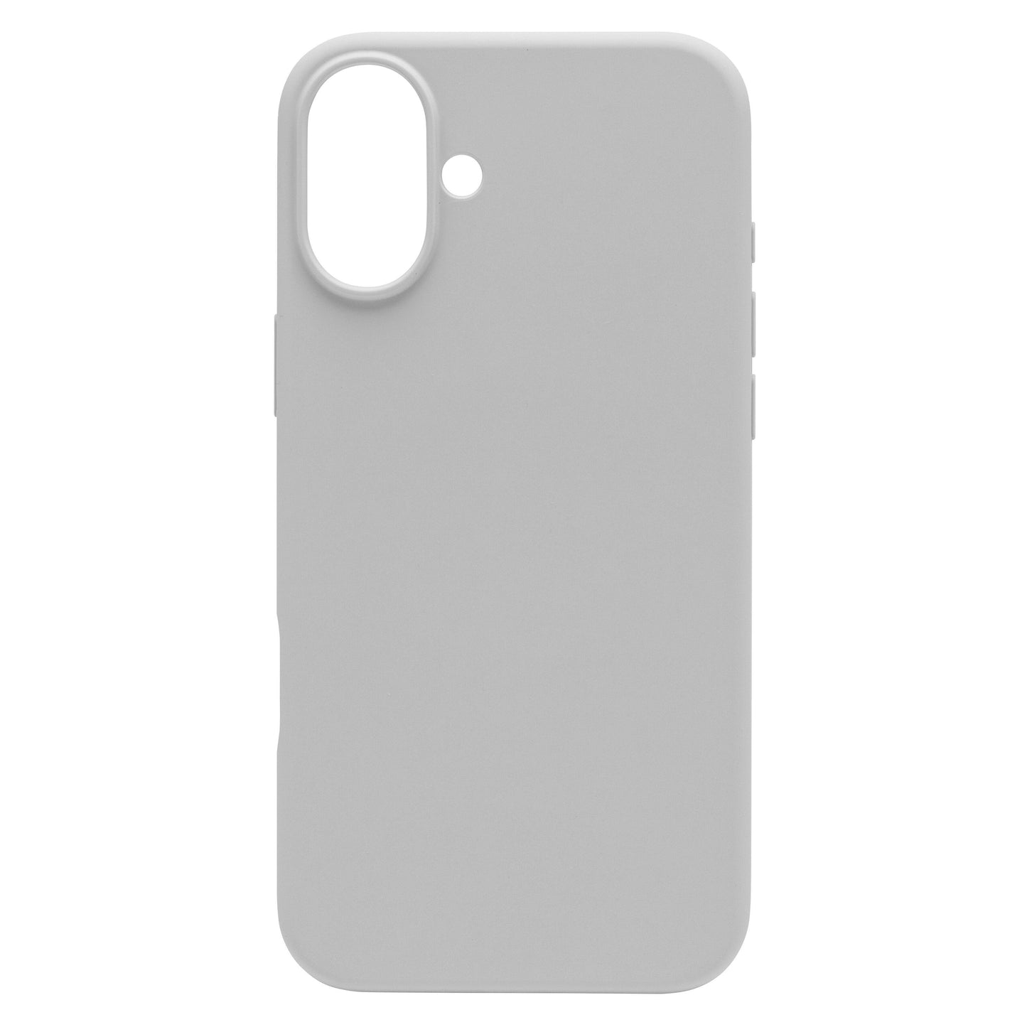 Linocell silikonecover til iPhone 16 Plus grå, stort ovalt kamerahul, lille linseåbning, MagSafe-understøttelse, bagside.