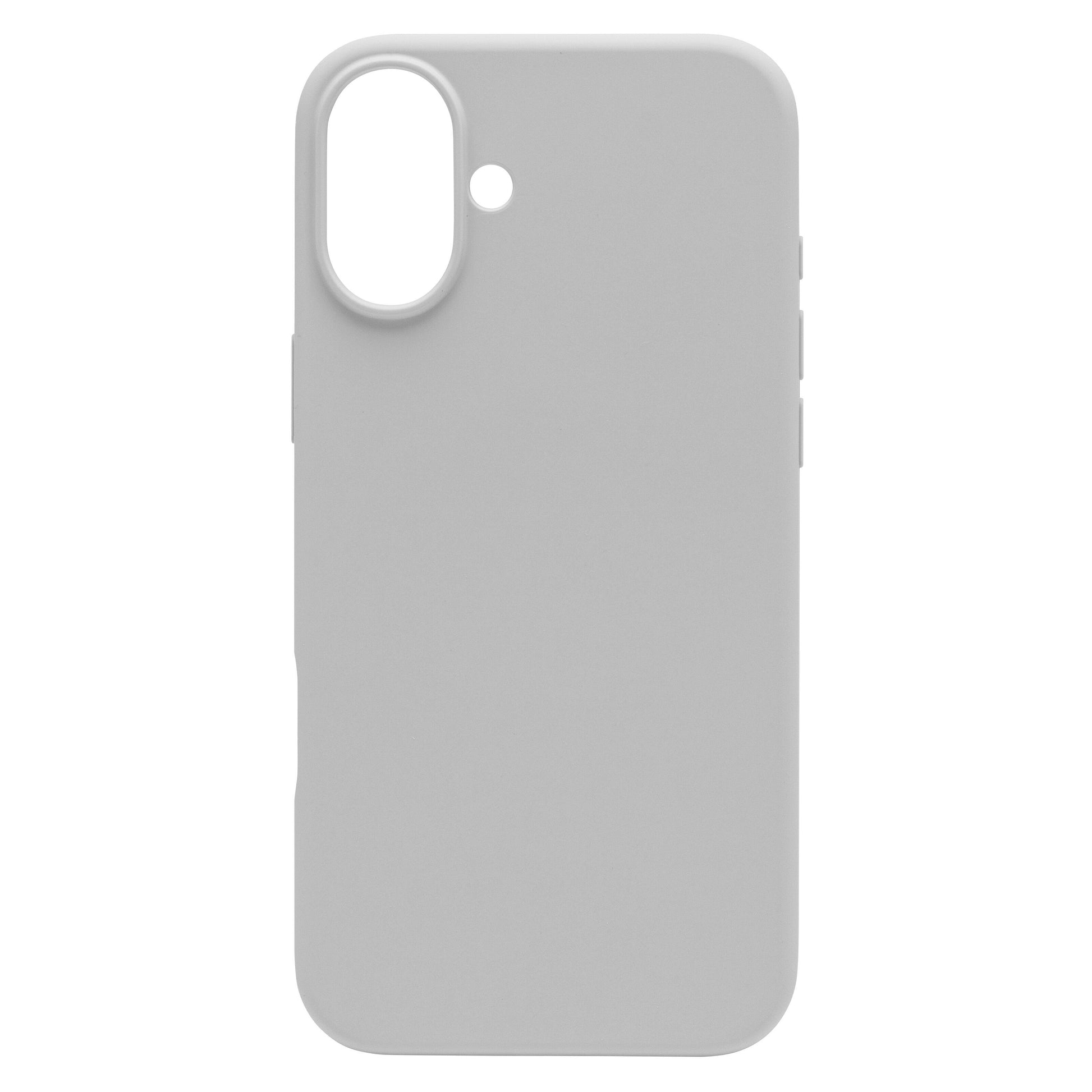 Linocell silikonecover til iPhone 16 Plus grå, stort ovalt kamerahul, lille linseåbning, MagSafe-understøttelse, bagside.