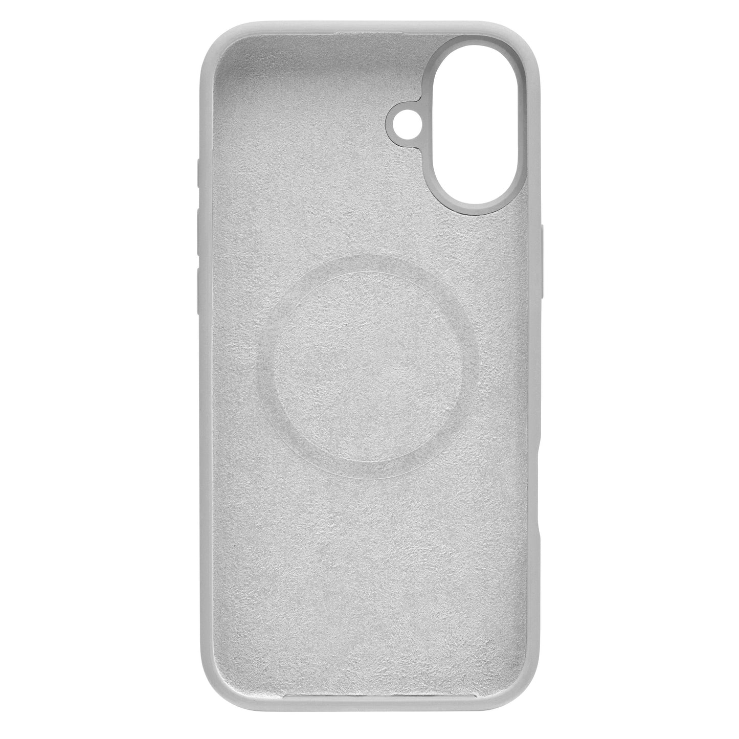 IPhone 16 Plus silikonecover grå med MagSafe-understøttelse, glat inderside, cirkulært aftryk og stor kameraudskæring.