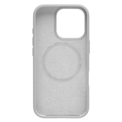 Gråt silikonecover til iPhone 16 Pro med stort rektangulært kamerahul og synlig rund MagSafe-ladering indvendigt.
