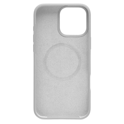 Transparent grå cover til iPhone 16 Pro Max med cirkulært MagSafe-mønster, kameraudskæring og antibakteriel overflade.