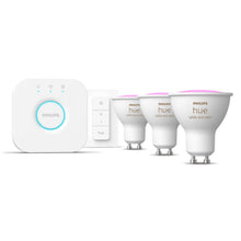 Philips Hue White and Color Ambiance 3x GU10 Smart Startpakke med 3 LED-pærer, trådløs dæmperkontakt og Hue Bridge.
