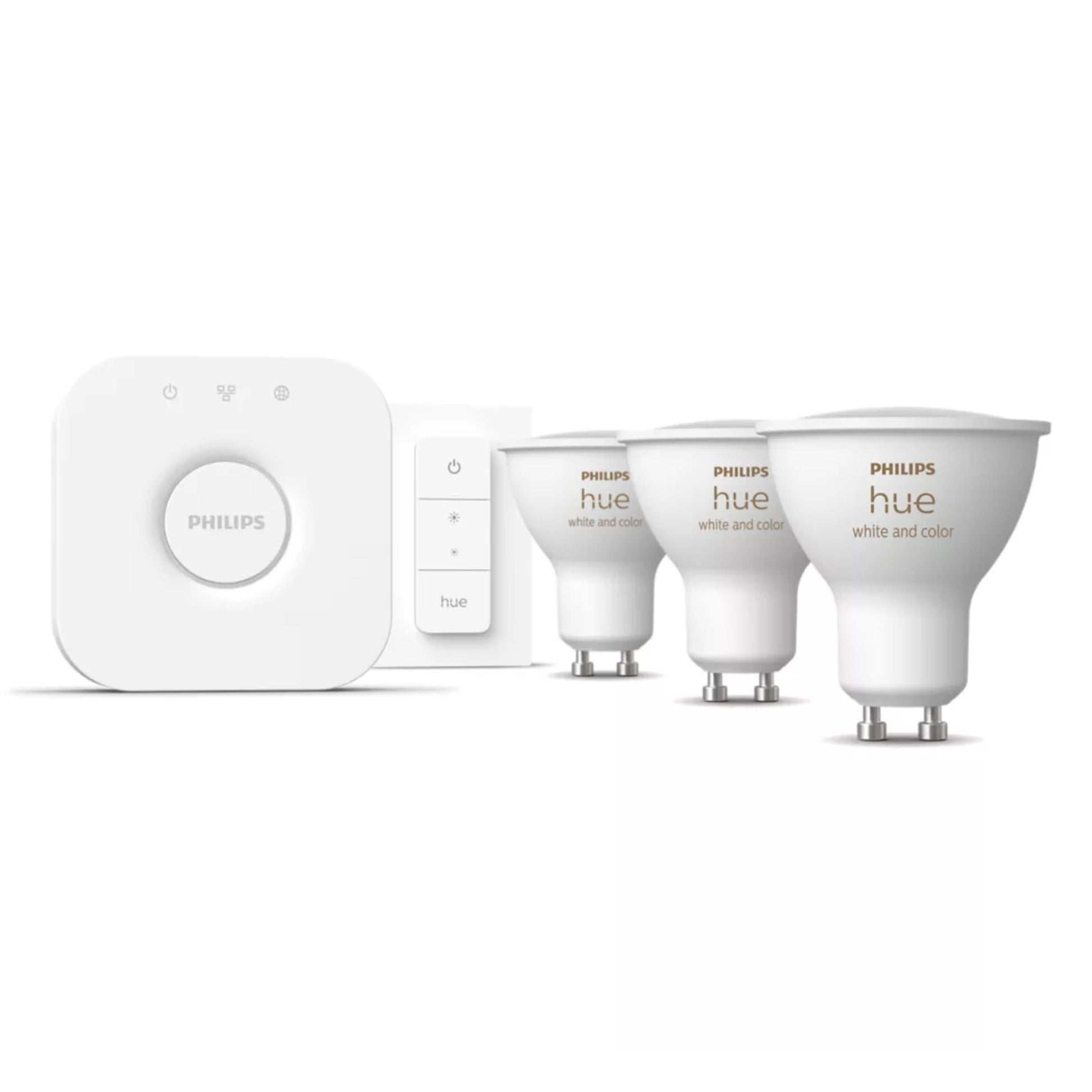 Philips Hue White and Color Ambiance 3x GU10 startpakke med hub, trådløs dæmper og tre GU10 LED med hvidt/farvet lys.