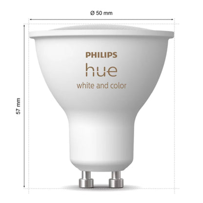 Philips Hue White and Color Ambiance 3x GU10 Smart Startpakke, GU10 sokkel, 57 mm høj, 50 mm i diameter, hvid med guldlogo.