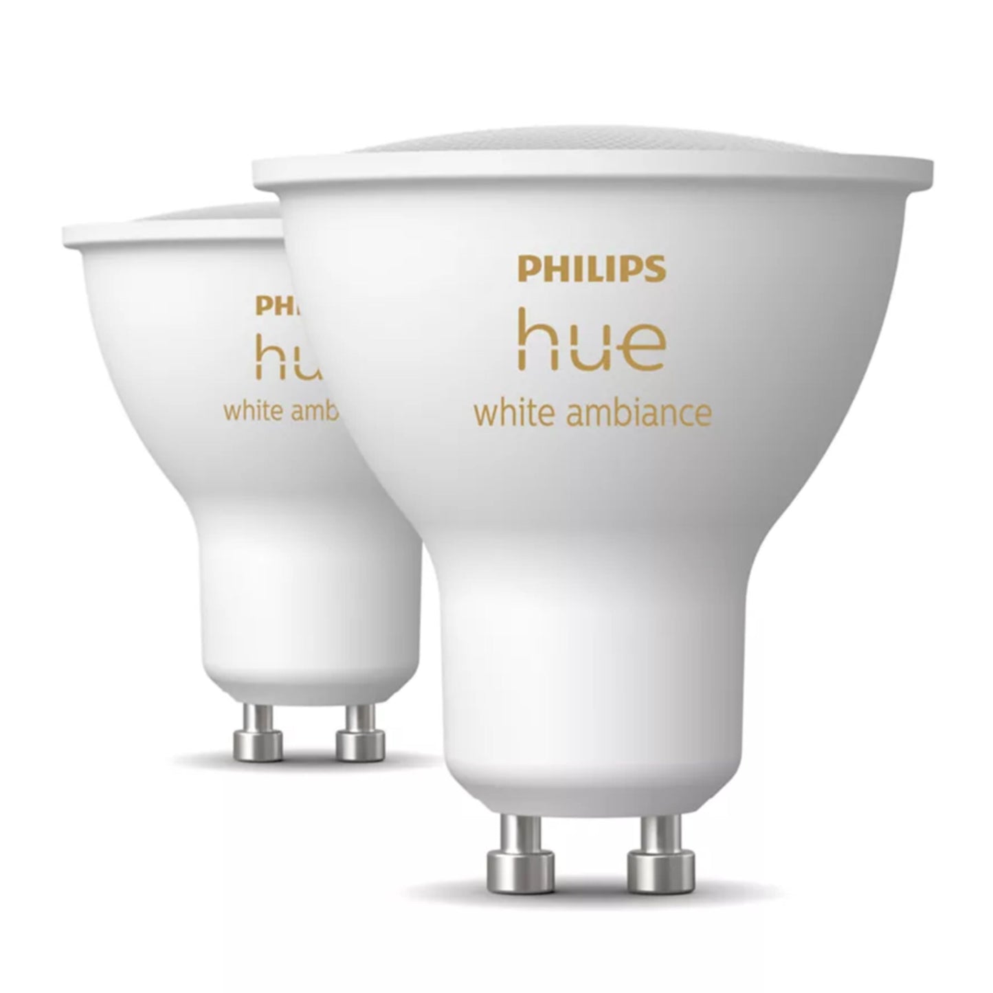 Philips Hue Hvid Ambiance Smart LED-pærer GU10 400 lm 2-pak stående, modeldetaljer synlige.