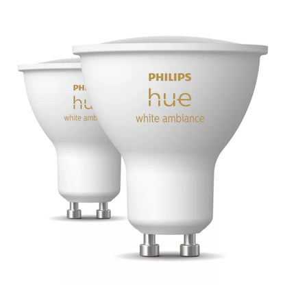 Philips Hue Hvid Ambiance Smart LED-pærer GU10 400 lm 2-pak stående, modeldetaljer synlige.