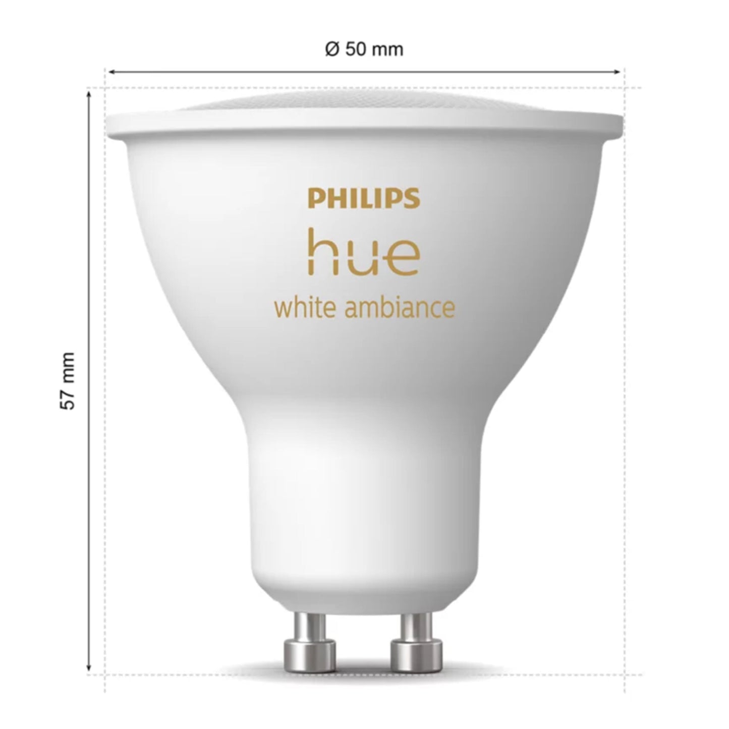 Philips Hue Hvid Ambiance Smart LED-pære GU10 400 lm, 57 mm høj, 50 mm i diameter, guld logo og model på siden.