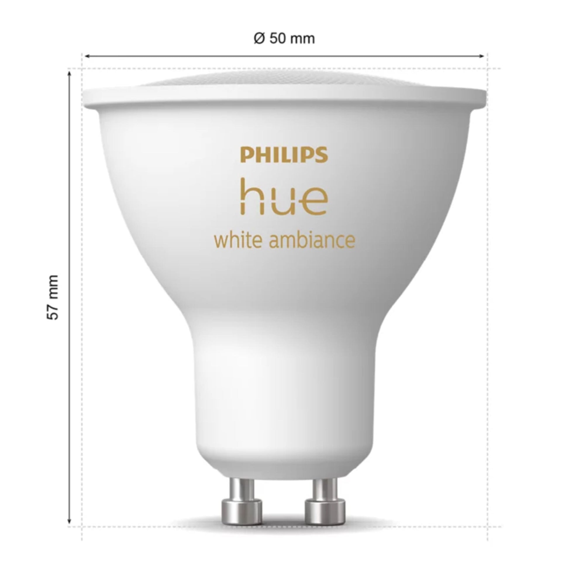Philips Hue Hvid Ambiance Smart LED-pære GU10 400 lm, 57 mm høj, 50 mm i diameter, guld logo og model på siden.