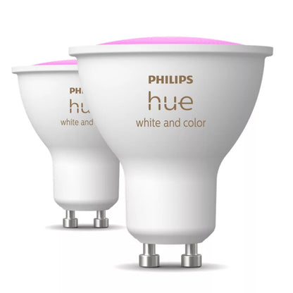 Philips Hue Hvid og farve ambiance smart LED-pærer GU10 400 lm 2-pak med blød pink lys.