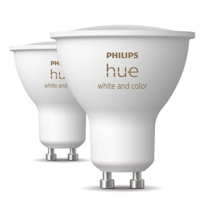 Philips Hue GU10 White and Color Ambiance smart LED-pærer 400 lm, hvidt design med Philips Hue-logo, 2-pak.