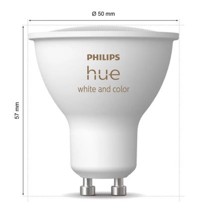 Philips Hue GU10 smart LED-pære, hvid og farve ambiance, 400 lm, 2-pak, diameter 50 mm, højde 57 mm, metalben i soklen.