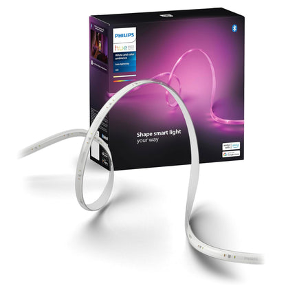 Philips Hue Solo Lightstrip 3 m rullet foran lilla og sort æske med Bluetooth-logo og smart lighting-ikon.